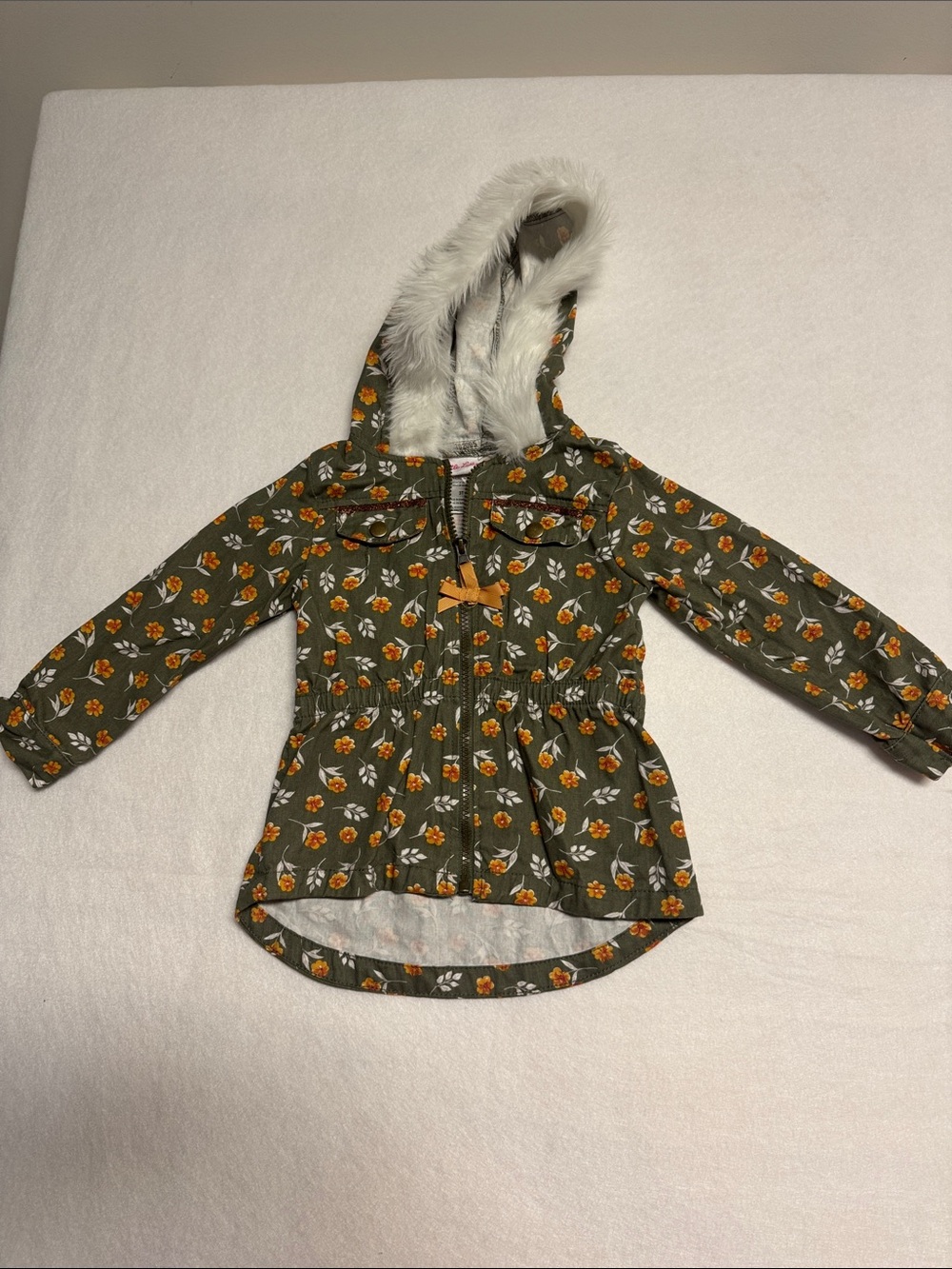 Little Lass Olive Floral Hooded Jacket with White Faux Fur Trim